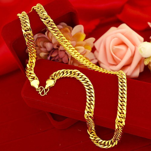 24K Gold Men Necklace Flat Interlocking Chain Jewelry Gift, Width 10mm - Picture 4 of 11