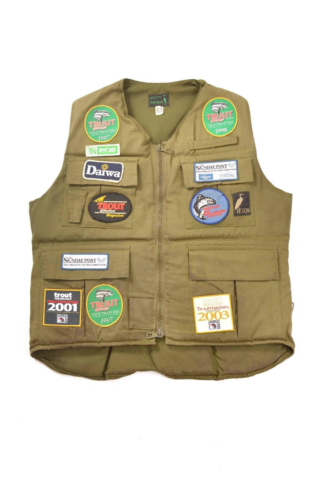 Heron Anglers Vintage Fishing Fisherman Vest Gilet Troutmasters Patches Sz OS(?)