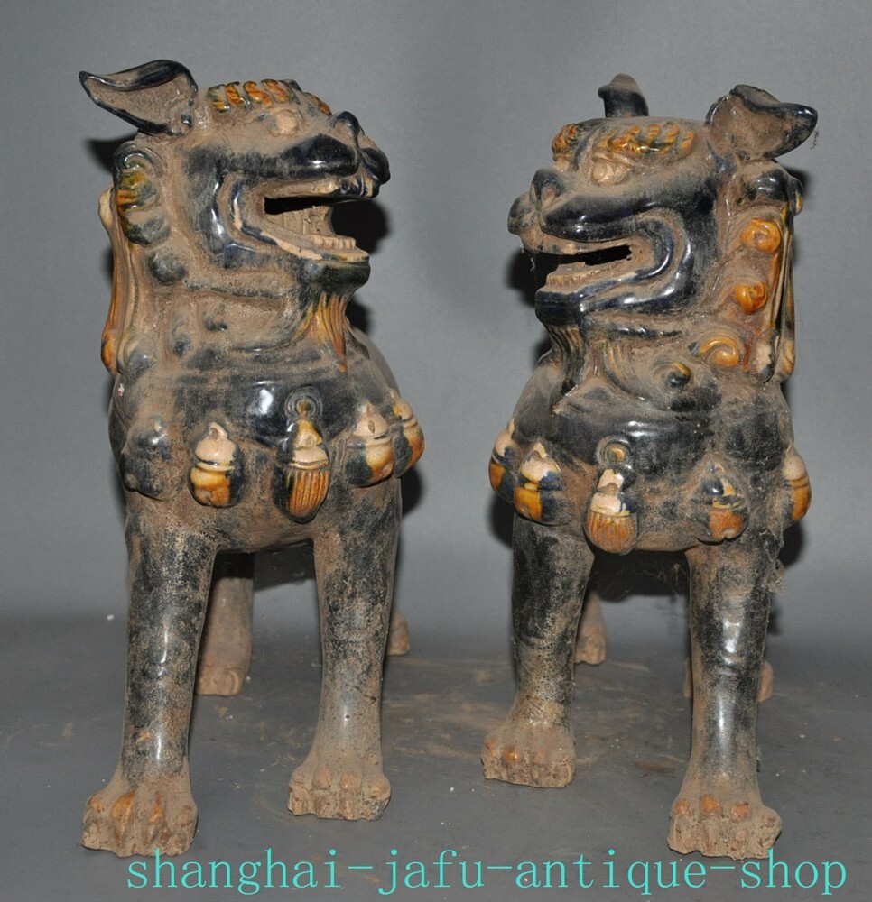 12.4 Inch Tang Dynasty Tangsancai Porcelain Lion Foo Dog Statue Pair Antique Beast Animal Decor