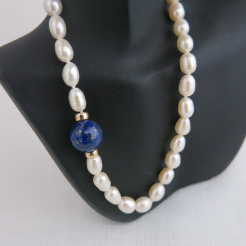 Collier 50cm aus echten Perlen und LapisLazuli, Magnetverschluss vergoldet - Imagen 12 de 12