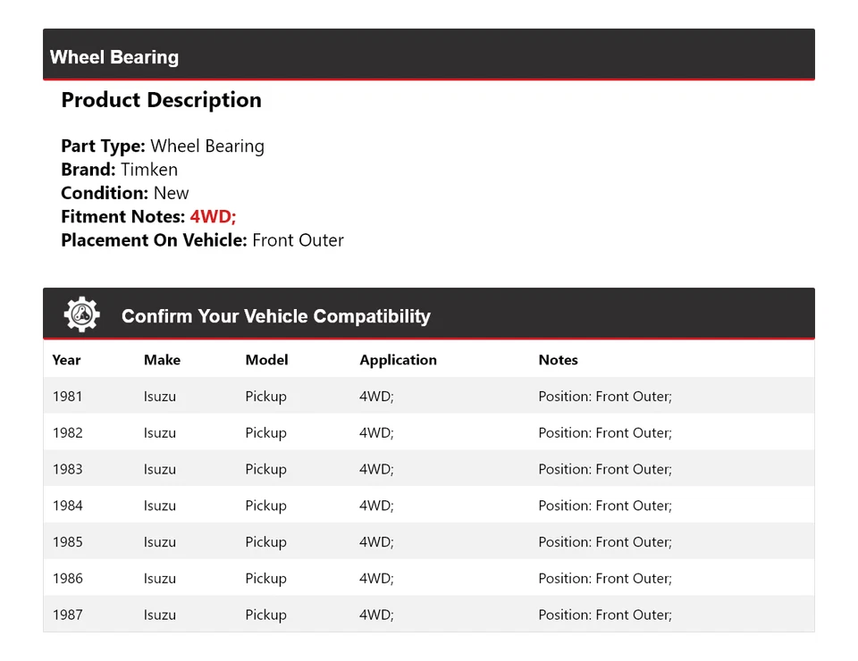 Cojinete de rueda delantero exterior Timken 1982 1983 1984 para camioneta Isuzu 1981-1987 4x4 Foto 2 de 4
