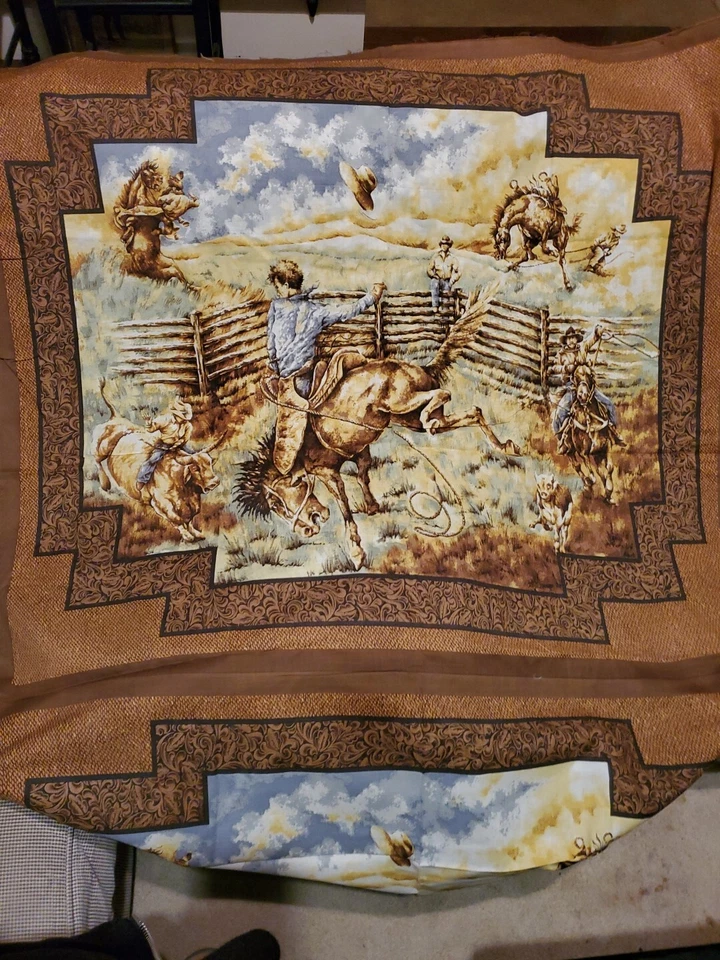 Vnt Sewing Fabric Cheater Quilt Wall Hanging Cowboy Rodeo Bronc Brown Horse Bull - Image 2 of 4