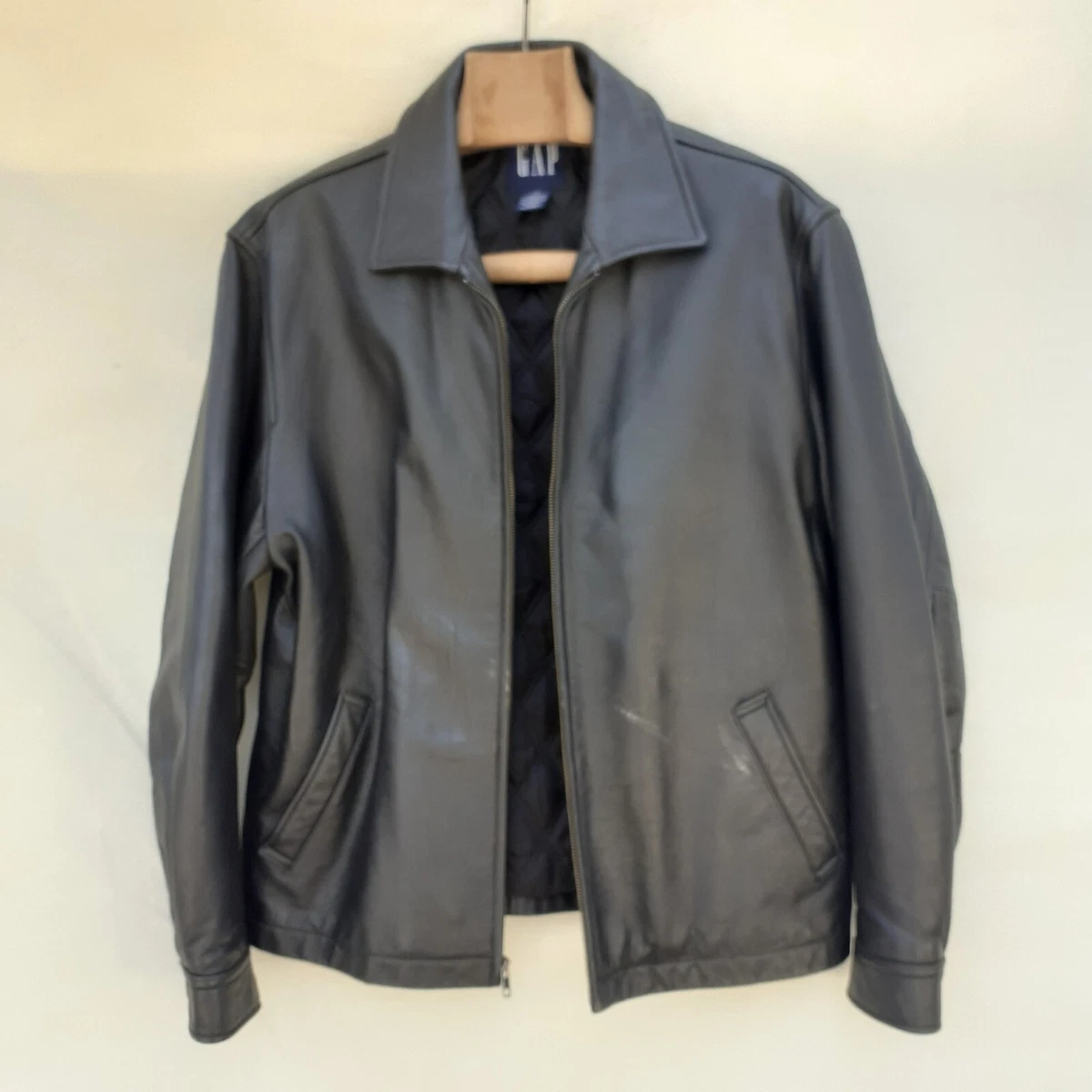 Old GAP 90s Leather Jacket Men' Medium Black Collared Quilt Lined Heavyweight