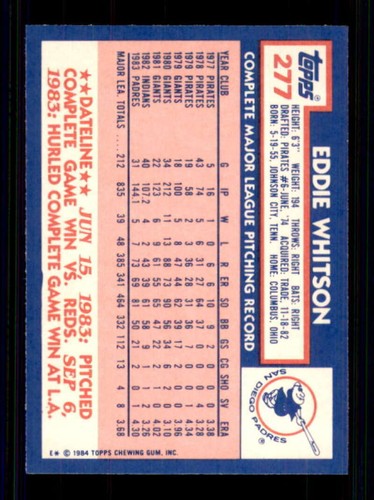 1984 Topps Tiffany #277 Ed Whitson NM/NM+ Padres 233999 - Bild 2 von 2