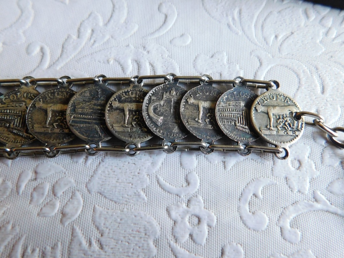 トロールビーズ イタリア:ロムルス＆レムス VINTAGE SILVER TONE ROME ITALY ROMULUS & REMUS COIN BRACELET