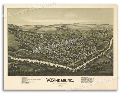 1897 Waynesburg Pennsylvania Vintage Old Panoramic City Map - 24x32