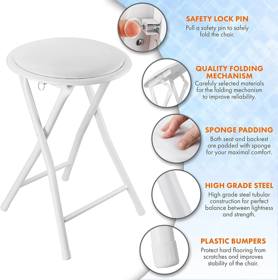 WHITE FOLDING STOOL ROUND FOLDABLE METAL FOR SPACE SAVING STOOLS PADDED SEAT NEW - Image 3 of 4