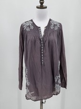 Johnny Was Womens Mauve Floral Embroidered Cotton Long Sleeve Tunic Top Sz S