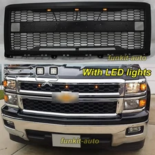 Front Grille For 2014-2015 Chevy Silverado 1500 W/3LEDs W3/Light Bar Matte Black
