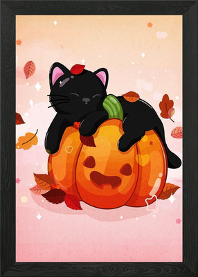 Schwarze Katze schläft auf Kürbis Illus gerahmtes Wandbild Poster Leinwanddruck Bild