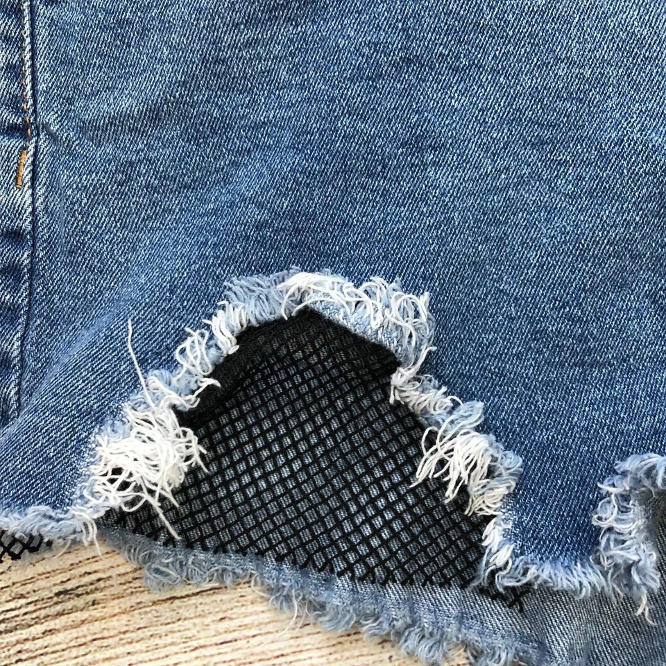 Pantalones Cortos Vaqueros Negros Corazón Talla 9 Malla Destruida Desgastada Piernas de Red E43 Foto 3 de 4