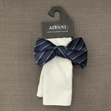 Alfani Mens Pre Tied Stripe Bow Tie & Solid Pocket Square Set Navy/White