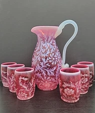 VTG Fenton Glass Cranberry Opalescent Daisy Fern Pitcher & 6 Cups (7 pc Set)