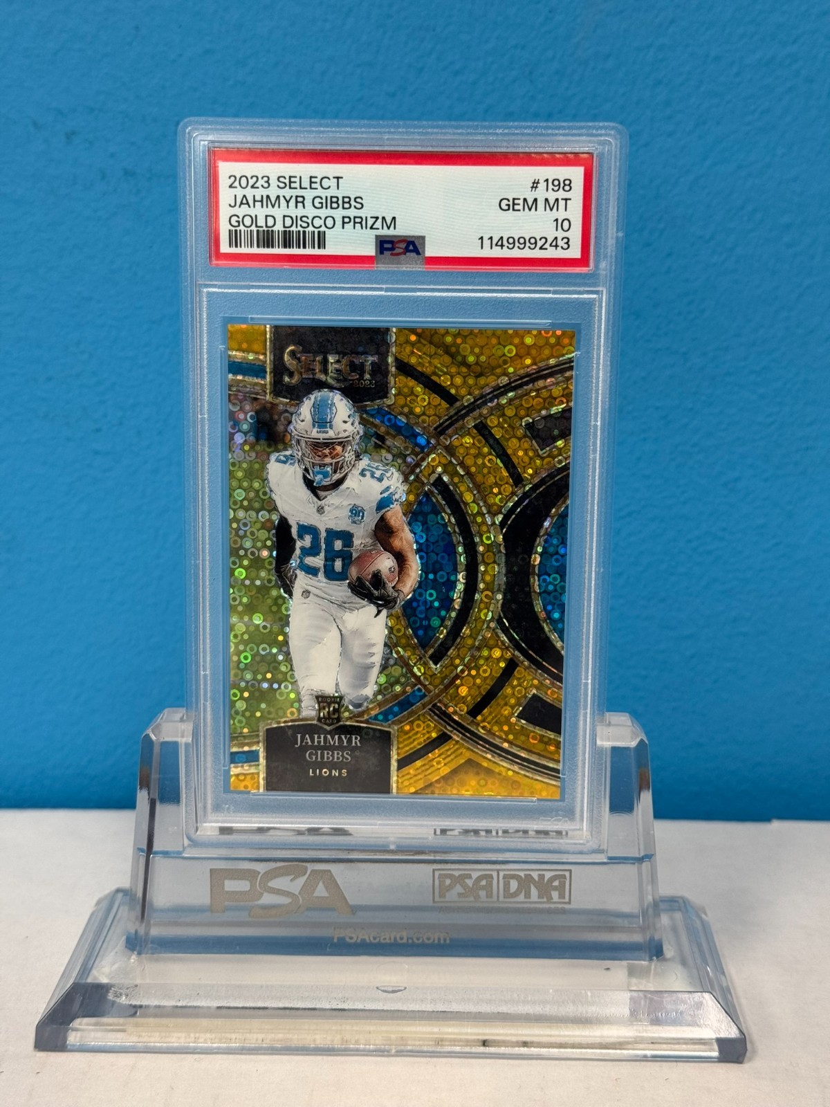 2023 Panini Select Premier Level Jahmyr Gibbs #198 Gold Disco Prizm /10 PSA 10