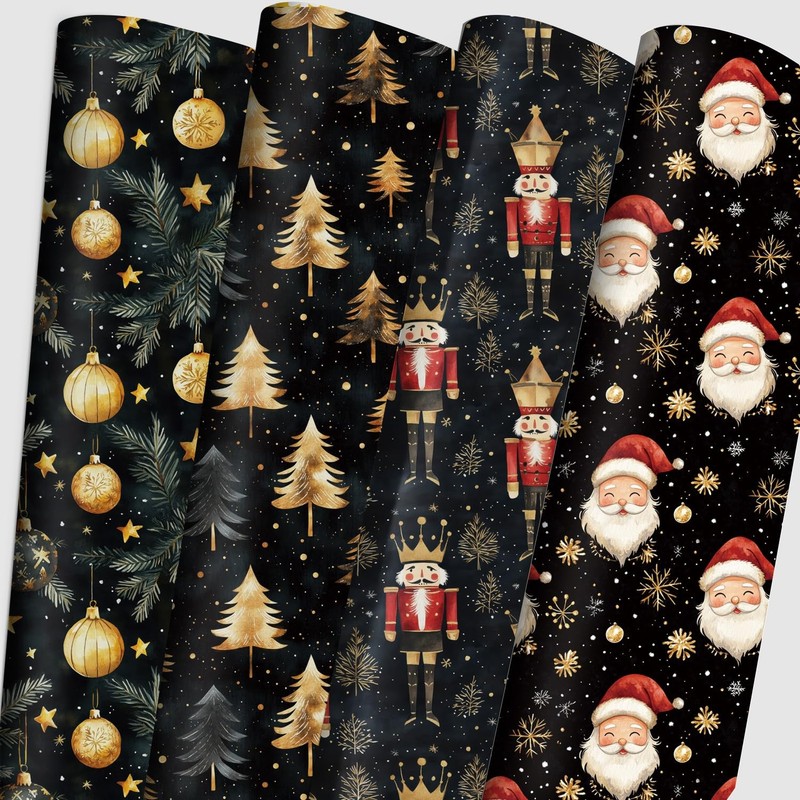 Christmas Wrapping Paper 4 Black Gold Holiday Style Gift Wrap Paper Bulk Santa C