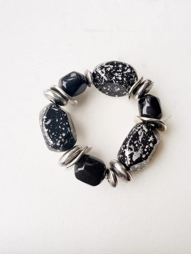 Vintage Costume Jewelry Black and Silver Tone Stretch Cuff Bracelet 6.5 Inch