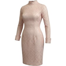 Vintage Style Lace Mock Neck Sheath Dress Womens Pink Long Sleeve Cocktail