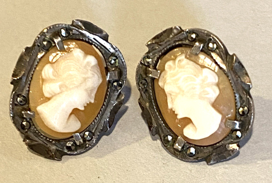 Antique Art Deco STERLING Hand-Carved Shell Cameo MAR… - Gem