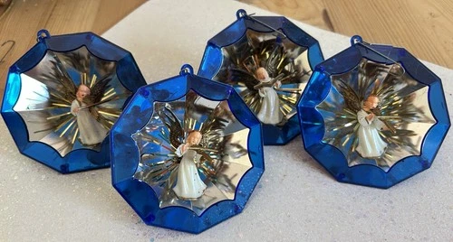 Vintage Four Angel Mirrored Diorama Plastic Jewelbrite Ornaments by Decor