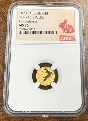 2023 Australia Bullion GOLD $5 Lunar Year of the Rabbit NGC MS70 1/20oz Coin FR
