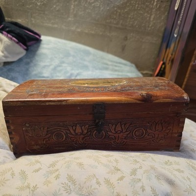 Mid 20th Century Hand Carved Wooden Jewelry Box With Flower Decoration