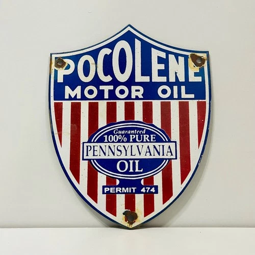 Pocolene Motor Oil 100% Pure Pennsylvania Oil Porcelain Enamel Vintage Sign