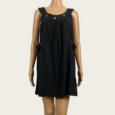 Match Point SMALL Black 100% Linen Lagenlook Short Mini Dress Tunic Shirt Top