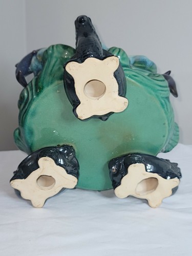 Whimsical Footed Planter Bowl Dolphins Jumping Waves & 3 Dragons as Feet Asian - Picture 7 of 7