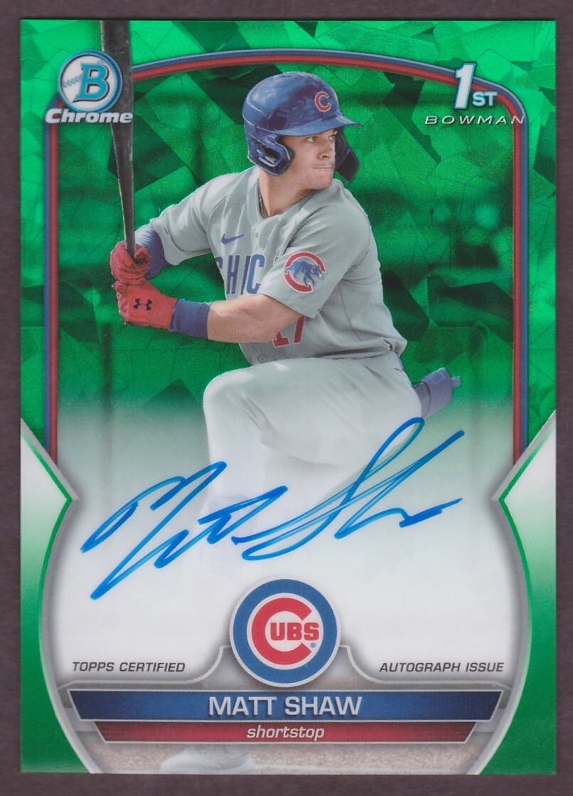 2023 Bowman Draft Sapphire Matt Shaw Green Refractor 1st Auto #/99 Cubs RC
