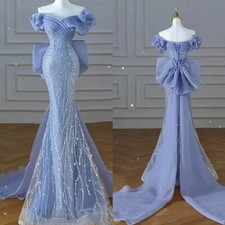 Sparkly Blue Prom Dresses With Bow Sequins Off The Shoulder Formal Party Prom