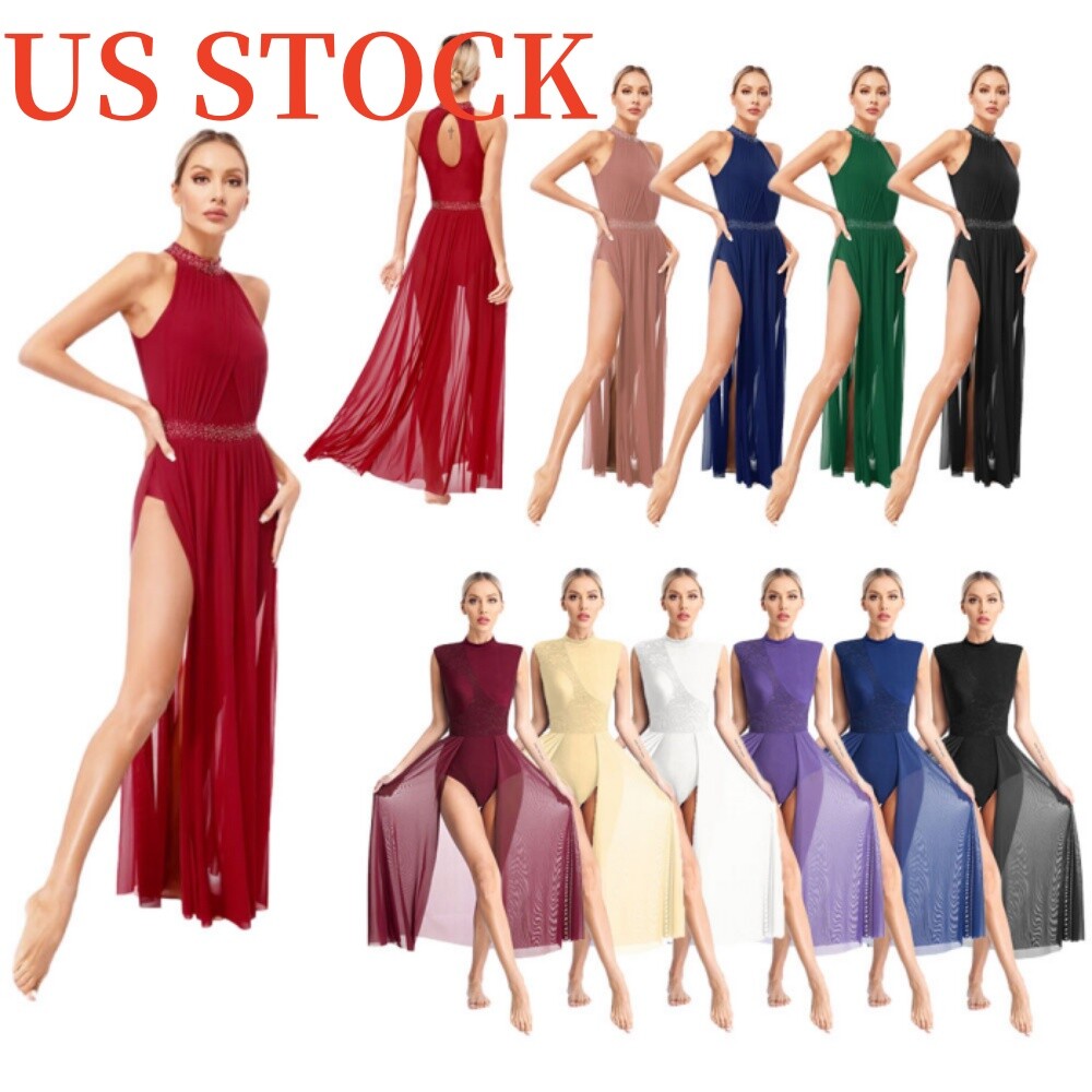Women Lyrical Dance Dress Split Flowy Modern Contemporary Long Skirt Leotard