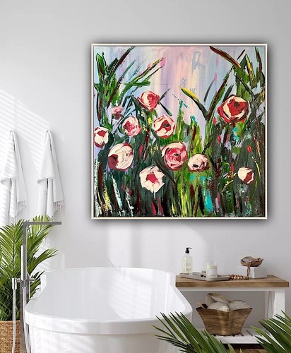 Framed Original Abstract Oil Painting On Canvas 80x80cm Summer Roses Textured - Picture 10 of 24