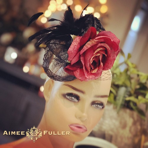 Black Fascinator Hat Red Rose Flower 