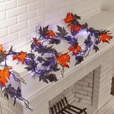 6.6 Foot Fall Halloween Thanksgiving Lighted Orange and Black Leaf Garland