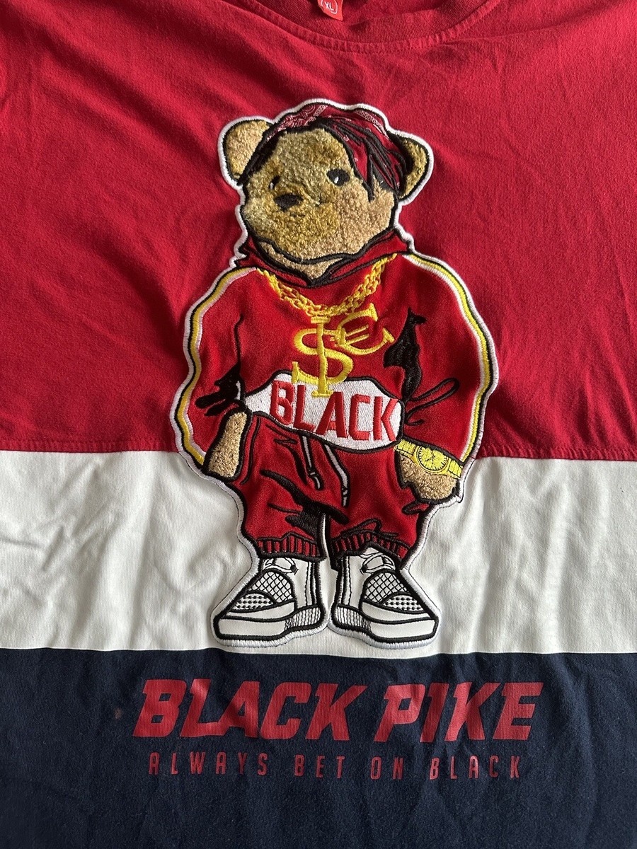Black Pike Embroidered Shirt Mens XL Hip Hop Bear Always Bet On Black Tee R9