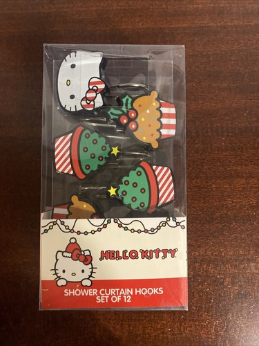 12er Set Hello Kitty Weihnachten Duschvorhang Haken Rot Grün Bäume Cupcakes - Bild 3 von 7