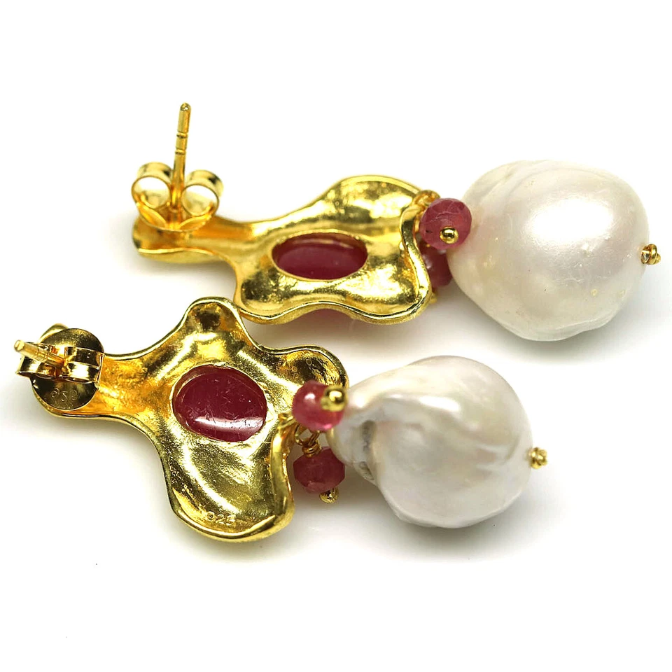 925 Sterling Silver White Baroque Pearl & Red Ruby Earrings 18K Gold Christmas - Image 3 of 4