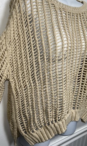 Aaron + Amber Crochet Open Knit Top Pullover Crop S/S Beige Cotton Boho - Picture 3 of 10