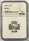 1946D Roosevelt Silver Dime MS66 NGC, Blast White!, Free Shipping!