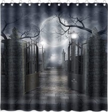 Halloween Shower Curtain for Bathroom Scary Night Courtyard Door Spooky Moon ...