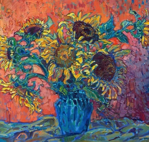Oil Painting 11x14 Canvas Sunflower Floral Charcoal Vase Boho Impressionist