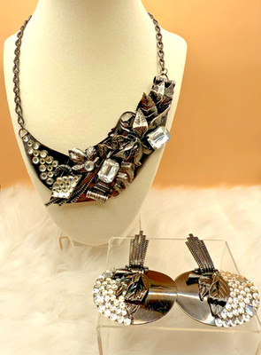 Vintage Alana from Italy Handcrafted Black & Rhinestone Necklace & Earring Set