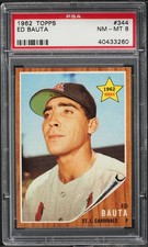 1962 Topps BB Card #344 Ed Bauta St. Louis Cardinals ROOKIE RC PSA 8 NM-MT. rookie card picture
