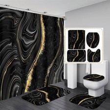 4 Pcs Black Marble Shower Curtain Sets with Rugs Gold Bathroom Sets with Show...