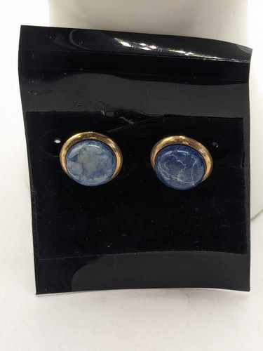 Gold Tone Blue White Cabochon Pierced Earrings - Picture 6 of 9