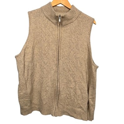 Pendleton Tan Lambs Wool Cable Knit Sweater Vest Plus Women 3X Zip Scandi Preppy