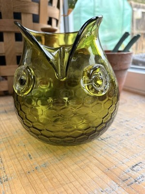 Mittelgroße Mid Century mundgeblasene Glas Vintage Blenko Eule mit schönem Muster