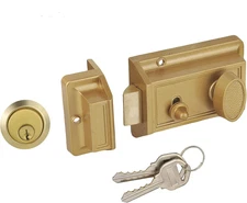 Antique Night Latch Deadbolt Rim Lock with Keys for Front Door, Gold Finish
