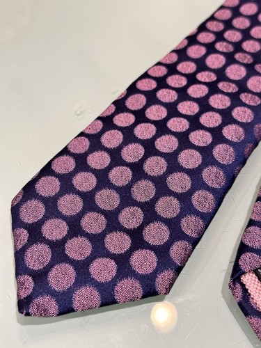 THOMAS PINK Blue Silk Tie With Pink Polkadots Design L62” W3”