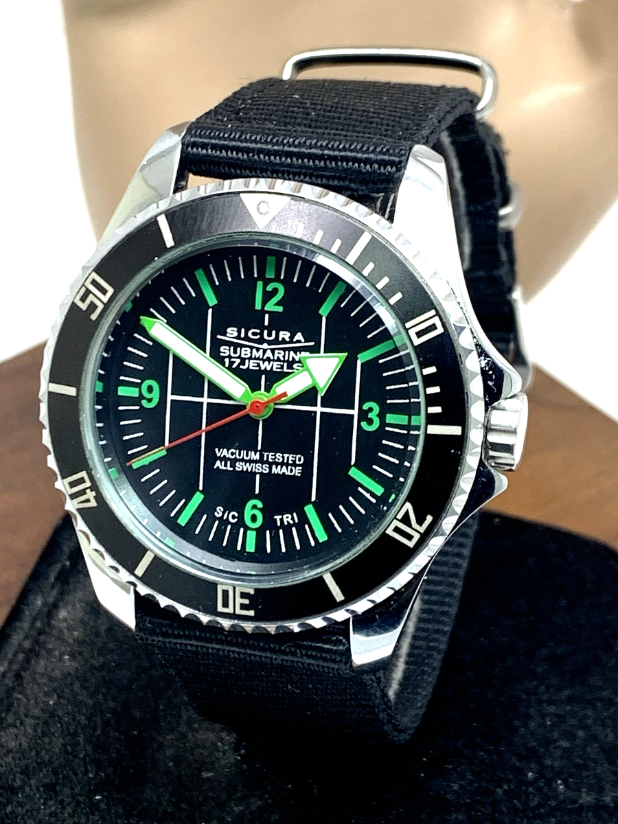 【サイズ7】sus-sous greatcoat BLACK WATCH Sicura Submarine Men's Watch Vintage Swiss Manual Wind Black Dial